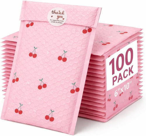 6X10" Bubble Mailers 100 Pack Cherry Pattern Pink Padded Envelopes